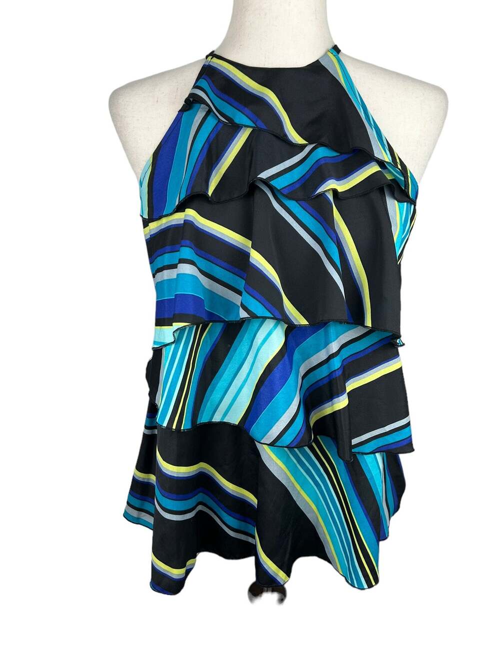 NEW Worthington Black Turquoise Yellow Sleeveless Halter Top Ruffles Size S